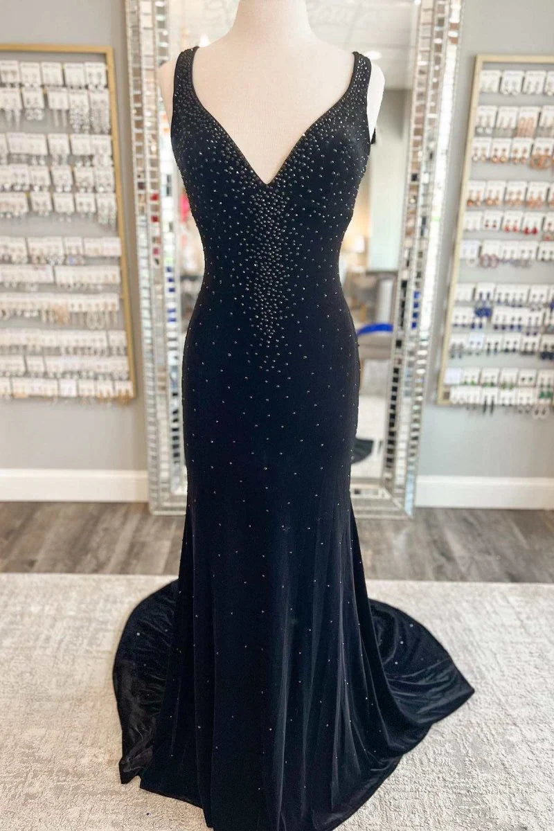 Mermaid V-Neck Cutout Back Velvet Emerald Long Formal Evening Dress