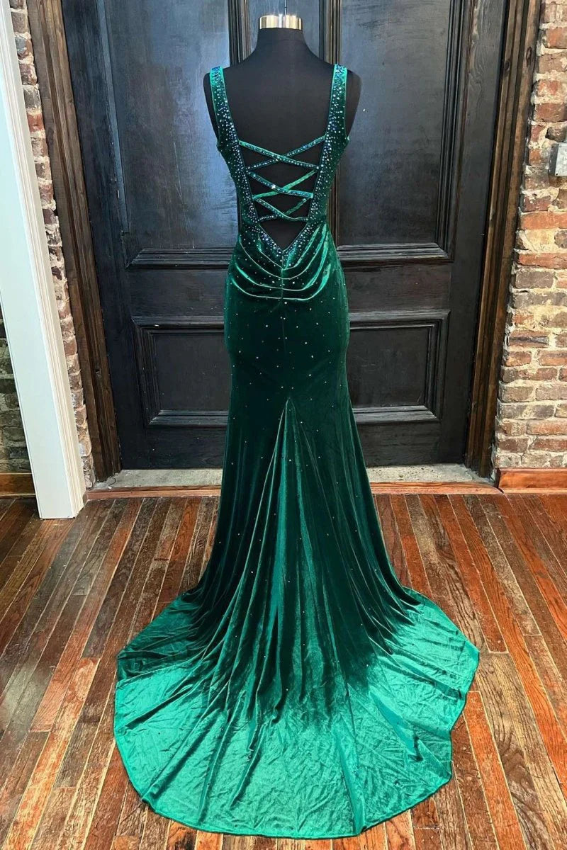 Mermaid V-Neck Cutout Back Velvet Emerald Long Formal Evening Dress