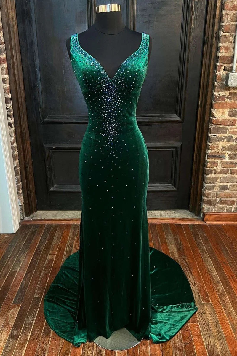 Mermaid V-Neck Cutout Back Velvet Emerald Long Formal Evening Dress