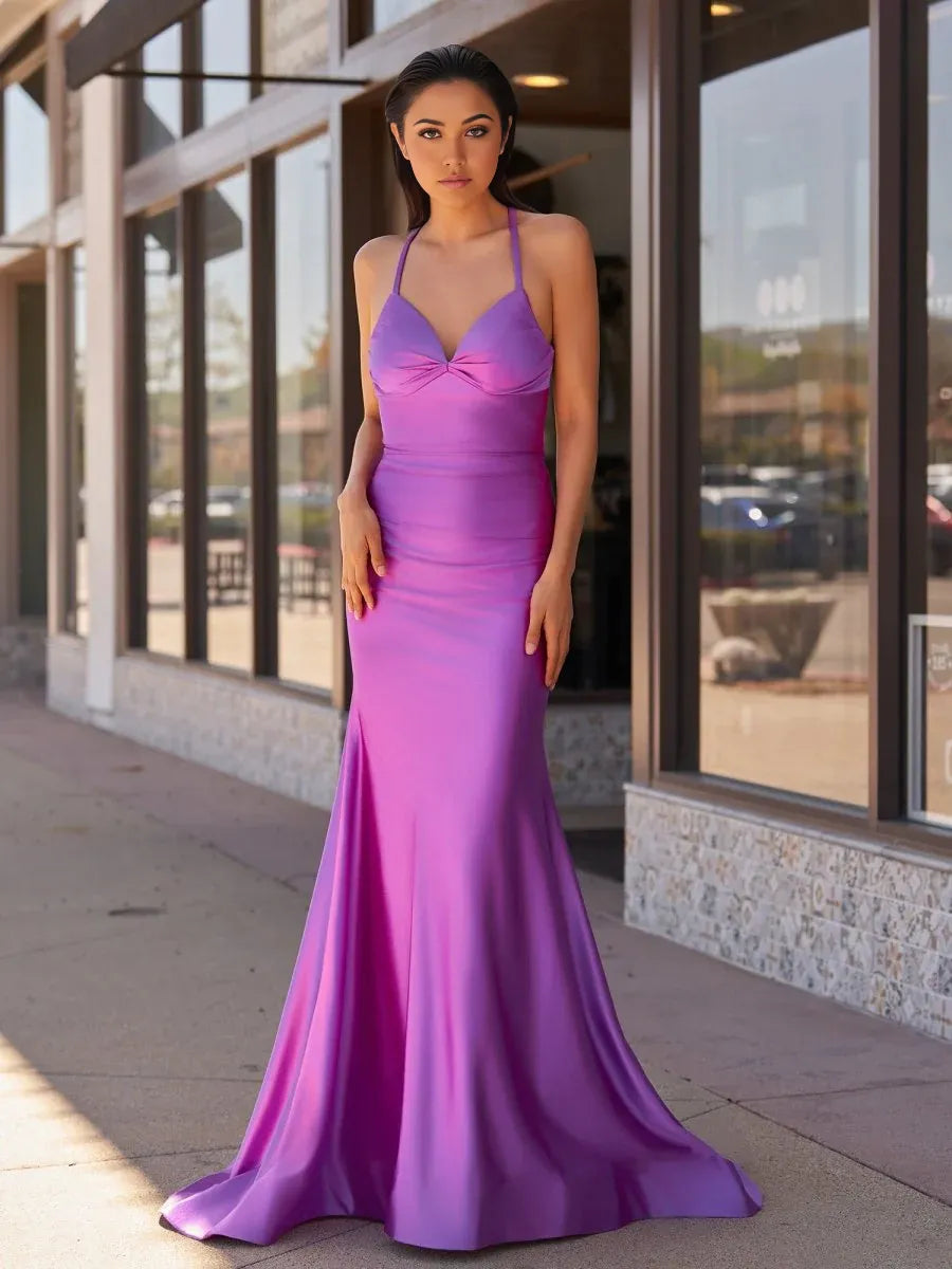 Mermaid V-Neck Lace-Up Back Purple Evening Dress With Sweep Train