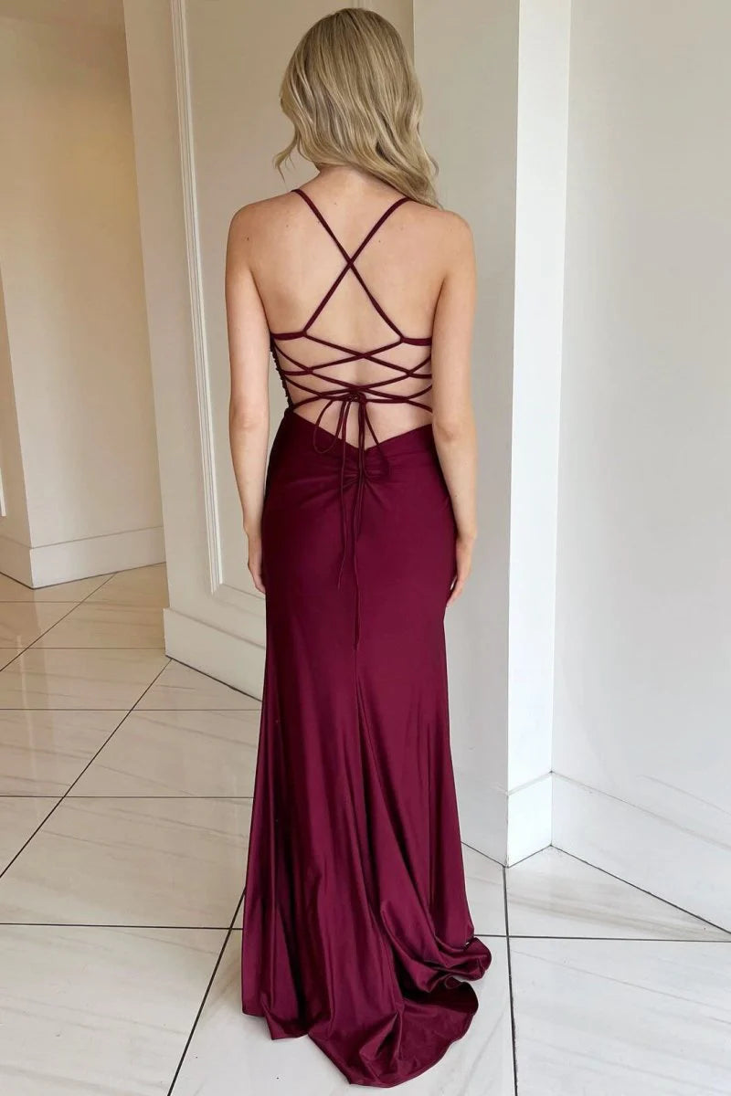 Mermaid V-Neck Lace-Up Burgundy Long Evening Dress With Side Slit