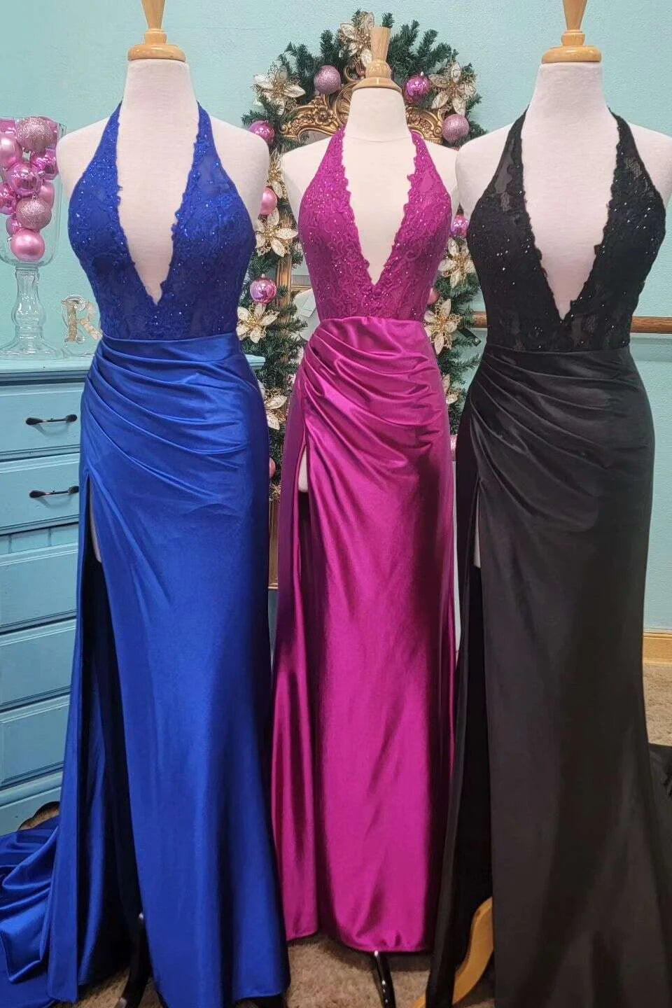 Mermaid V-Neck Lace Applique High Slit Satin Fuchsia Prom Dress