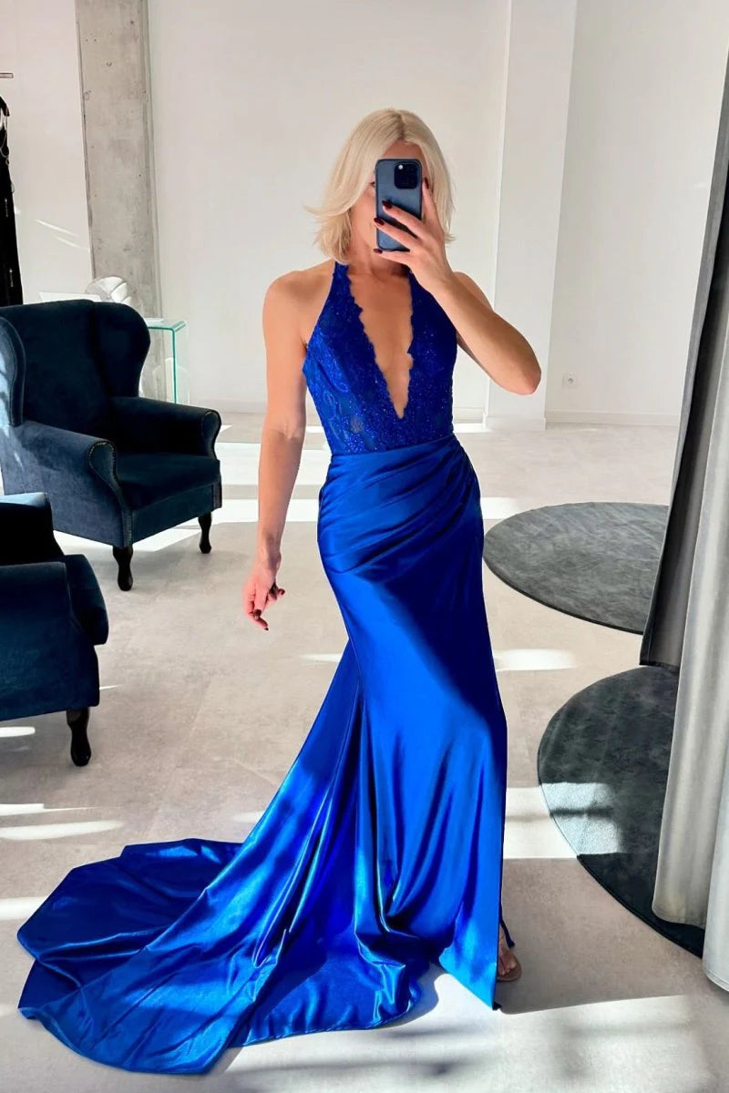 Mermaid V-Neck Lace Applique High Slit Satin Fuchsia Prom Dress