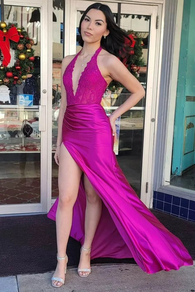 Mermaid V-Neck Lace Applique High Slit Satin Fuchsia Prom Dress