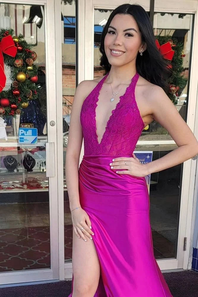 Mermaid V-Neck Lace Applique High Slit Satin Fuchsia Prom Dress