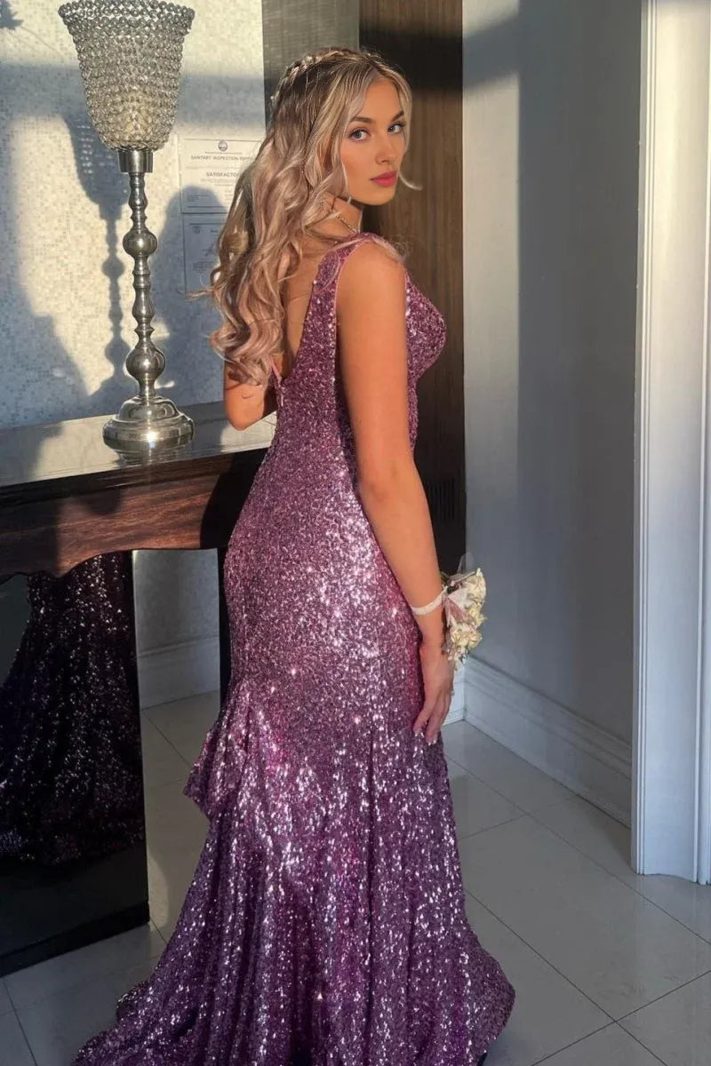Mermaid V-Neck Sequins Lilac Floor Length Evening Dress Prom Dress