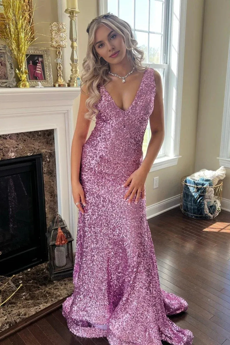 Mermaid V-Neck Sequins Lilac Floor Length Evening Dress Prom Dress