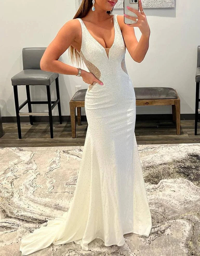 Mermaid V-Neck Sheer Waist Beaded White Evening Dress With Train
