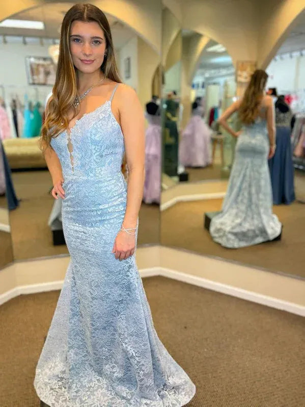 Mermaid V-Neck Spaghetti-Strap Floral Lace Light Blue Floor Length Prom Dress For Sale