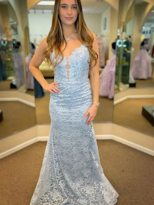 Mermaid V-Neck Spaghetti-Strap Floral Lace Light Blue Floor Length Prom Dress For Sale