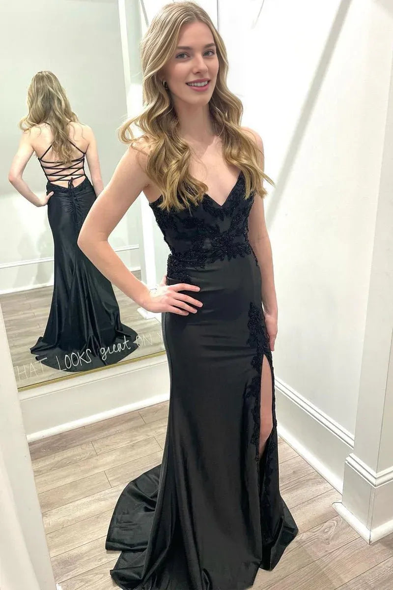 Mermaid V Neck Appliqued Satin Black Long Prom Dress With Slit