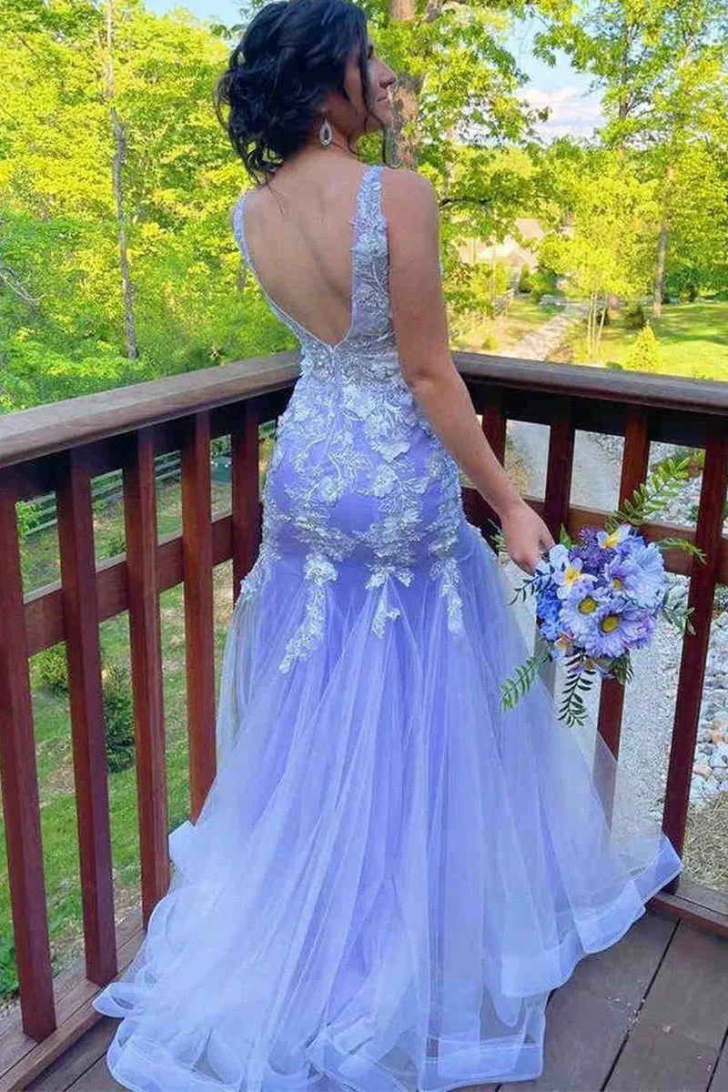 Mermaid V Neck Appliques Tulle Lilac Floor Length Evening Dress Prom Dress