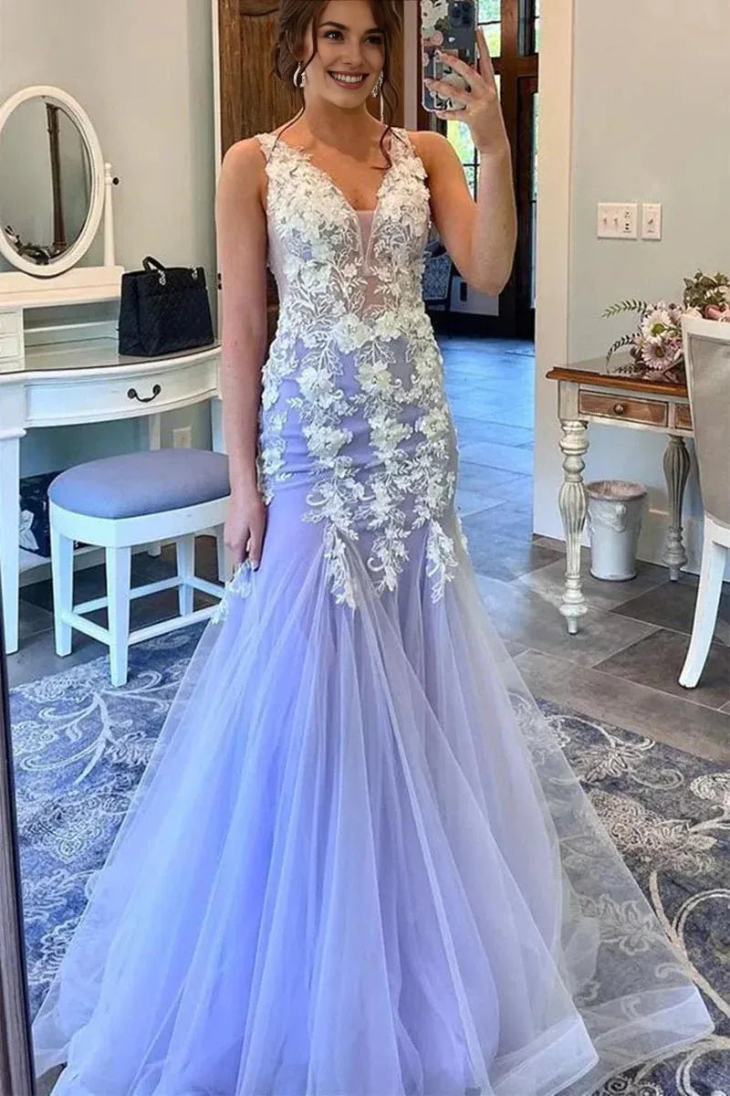 Mermaid V Neck Appliques Tulle Lilac Floor Length Evening Dress Prom Dress