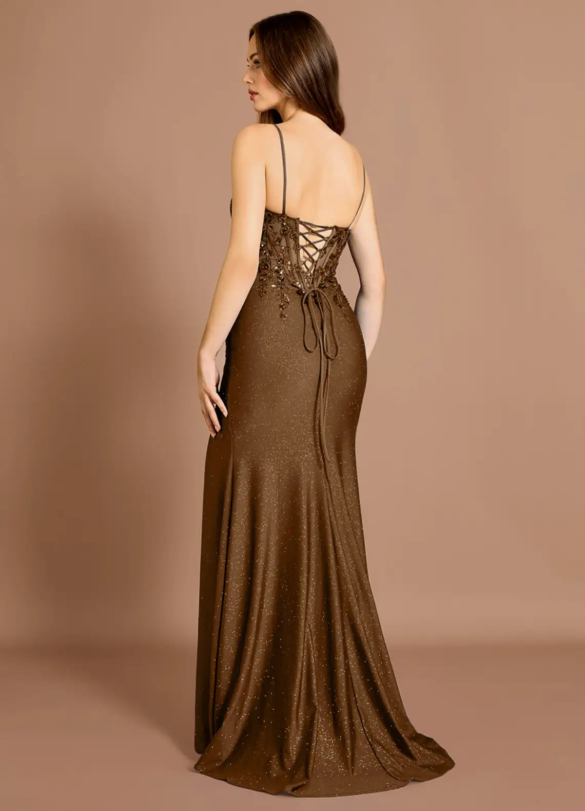 Mermaid V Neck Beaded Applique Mocha Coco Maxi Evening Dress With Slit