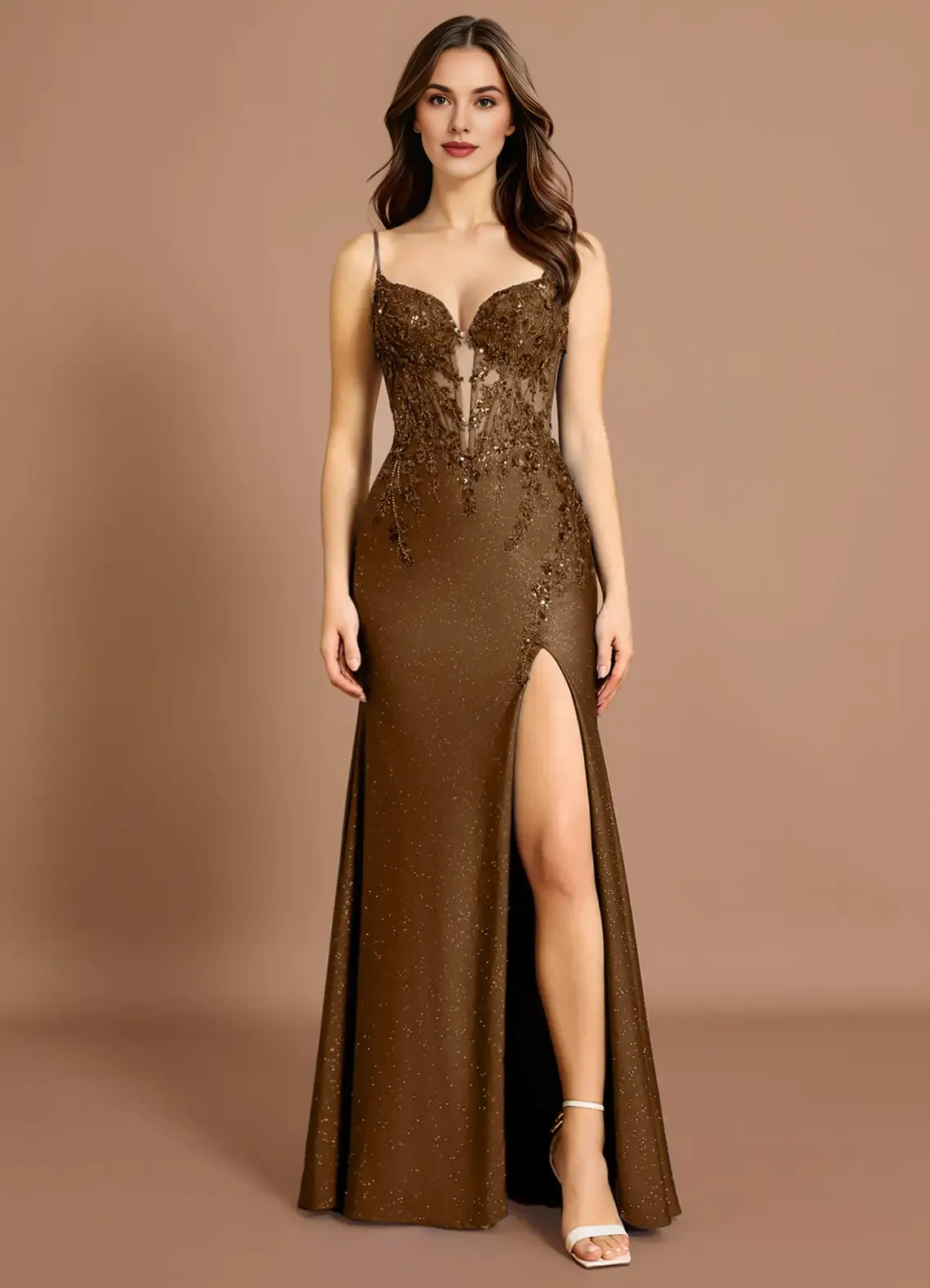 Mermaid V Neck Beaded Applique Mocha Coco Maxi Evening Dress With Slit