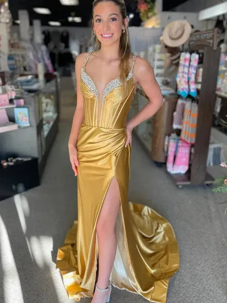 Mermaid V Neck Corset Beaded Slit Gold Train Prom Dress With Train