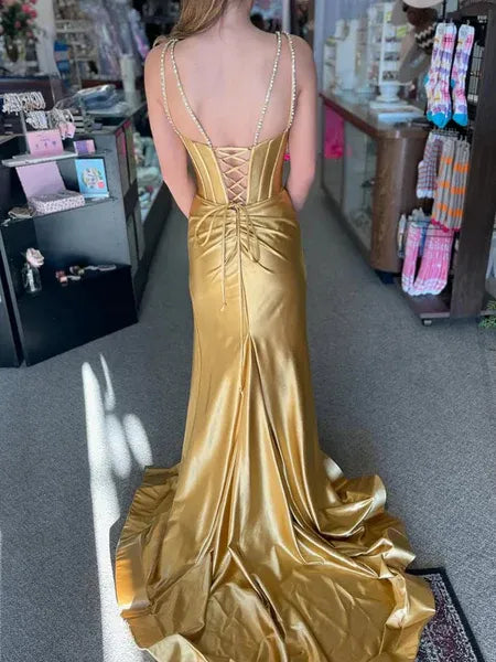 Mermaid V Neck Corset Beaded Slit Gold Train Prom Dress With Train