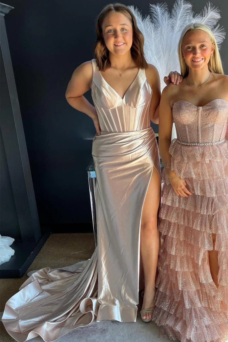 Mermaid V Neck Corset Satin Grape Long Evening Dress With Slit