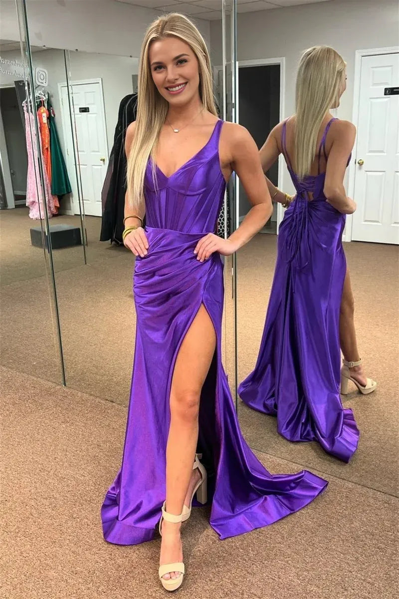 Mermaid V Neck Corset Satin Grape Long Evening Dress With Slit