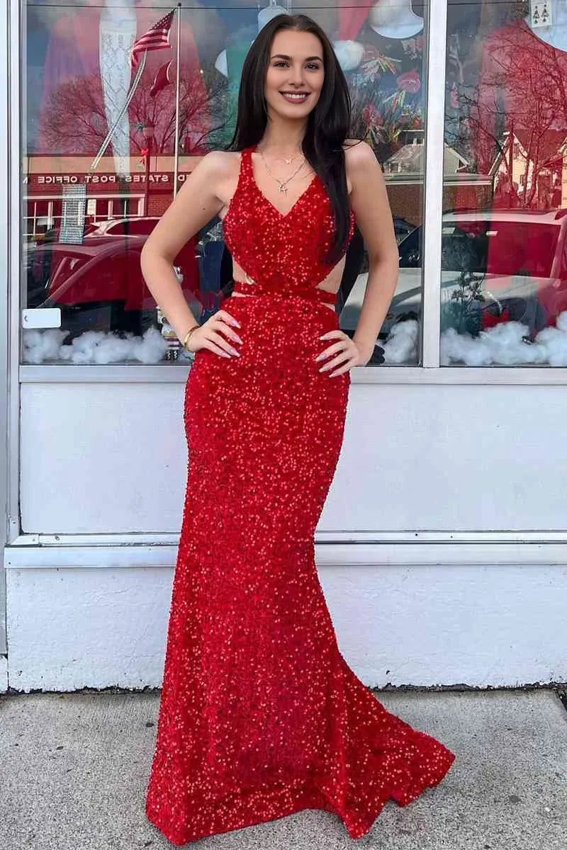 Mermaid V Neck Cutout Backless Sequins Red Long Evening Dress Prom Dress