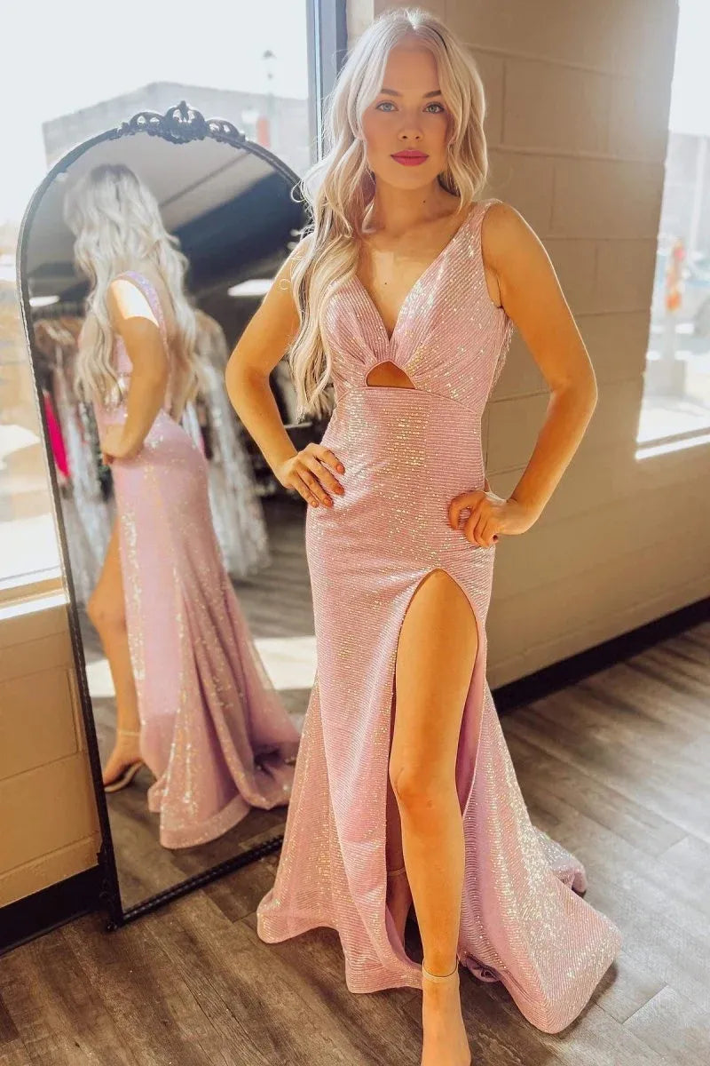 Mermaid V Neck Keyhole Cutout Sequin Pink Long Evening Dress With Slit