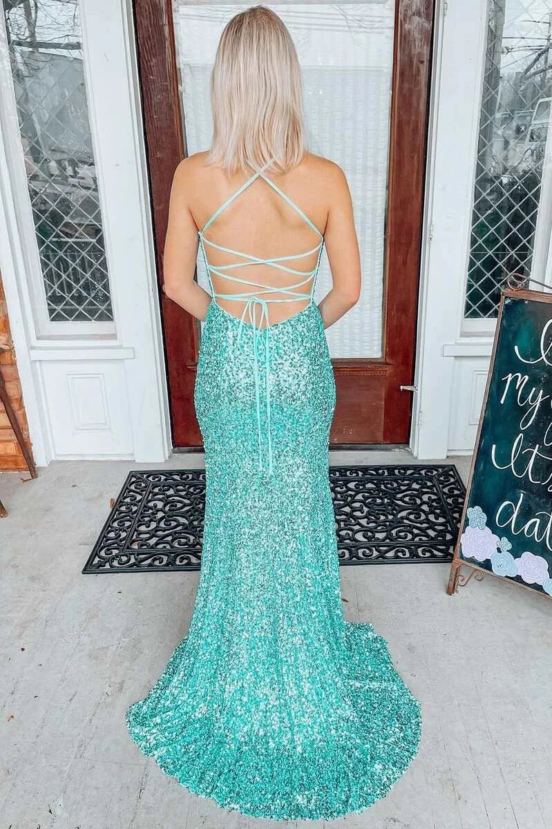 Mermaid V Neck Lace-Up Back Sequin Light Jade Long Evening Dress