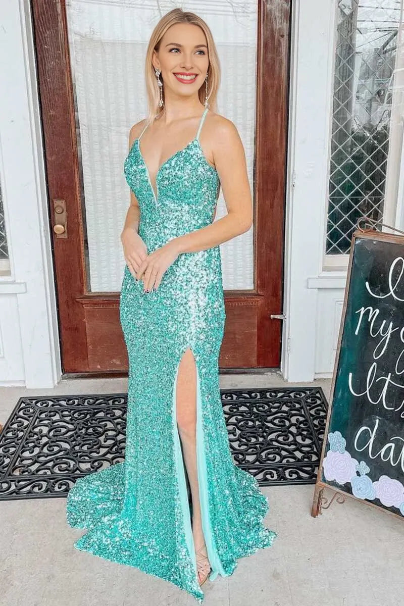 Mermaid V Neck Lace-Up Back Sequin Light Jade Long Evening Dress