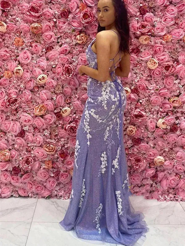 Mermaid V Neck Lace Applique Lavender Floor-Length Prom Dress With High Slit