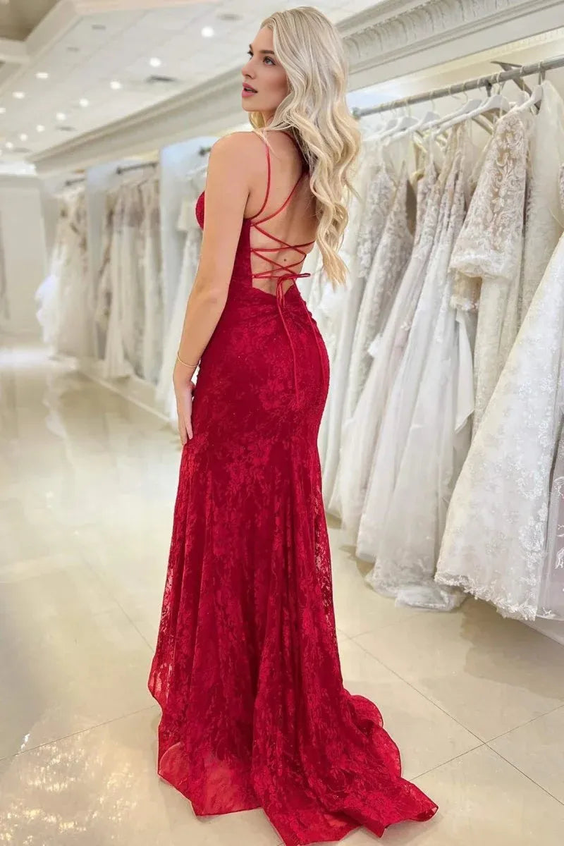 Mermaid V Neck Lace Appliques Beaded Tulle Red Long Evening Dress