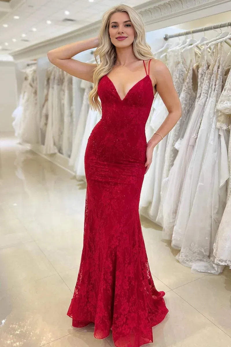 Mermaid V Neck Lace Appliques Beaded Tulle Red Long Evening Dress