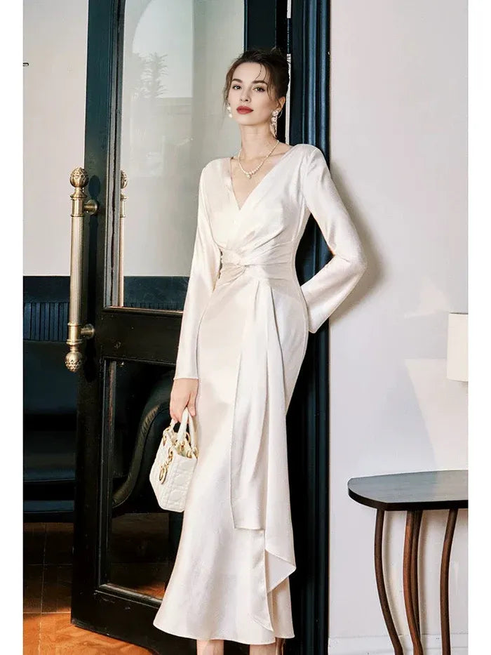 Mermaid V Neck Long Sleeves Satin Ankle Length Evening Dress Prom Dress