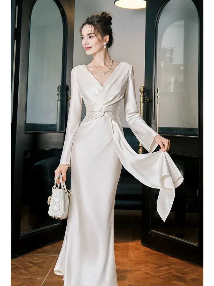 Mermaid V Neck Long Sleeves Satin Ankle Length Evening Dress Prom Dress