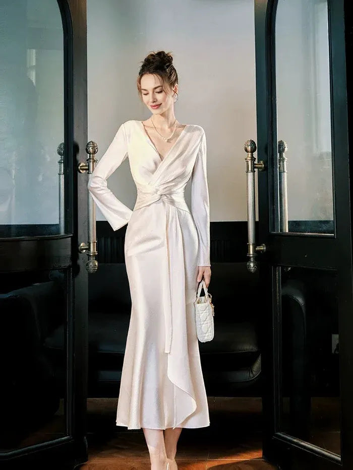 Mermaid V Neck Long Sleeves Satin Ankle Length Evening Dress Prom Dress