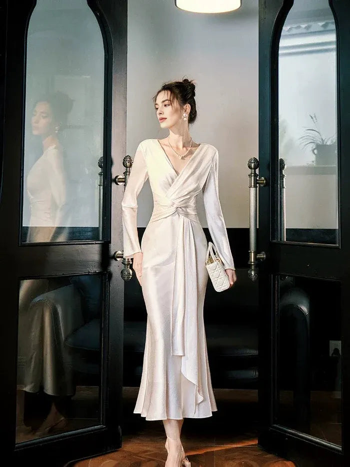 Mermaid V Neck Long Sleeves Satin Ankle Length Evening Dress Prom Dress