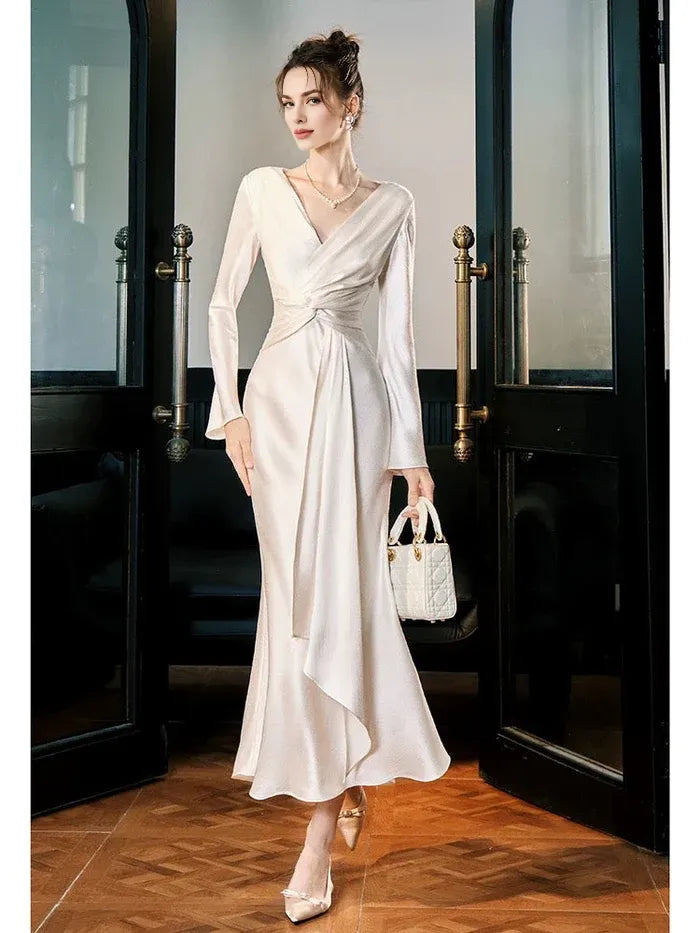 Mermaid V Neck Long Sleeves Satin Ankle Length Evening Dress Prom Dress