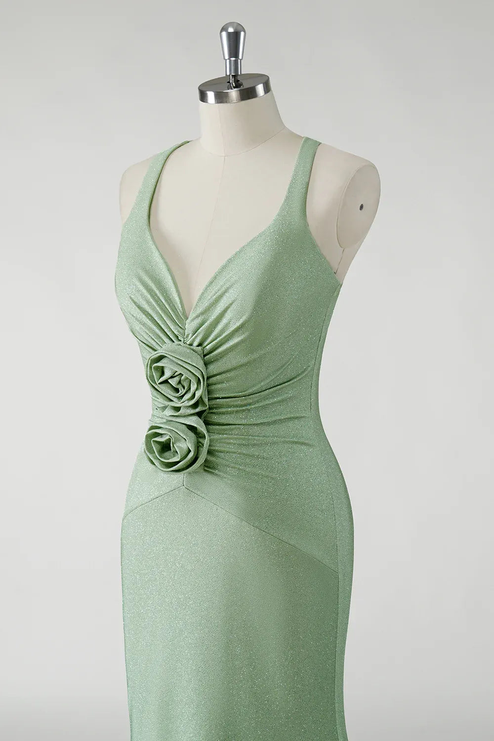 Mermaid V Neck Ruched 3D Floral Glitter Sage Green Maxi Prom Dress