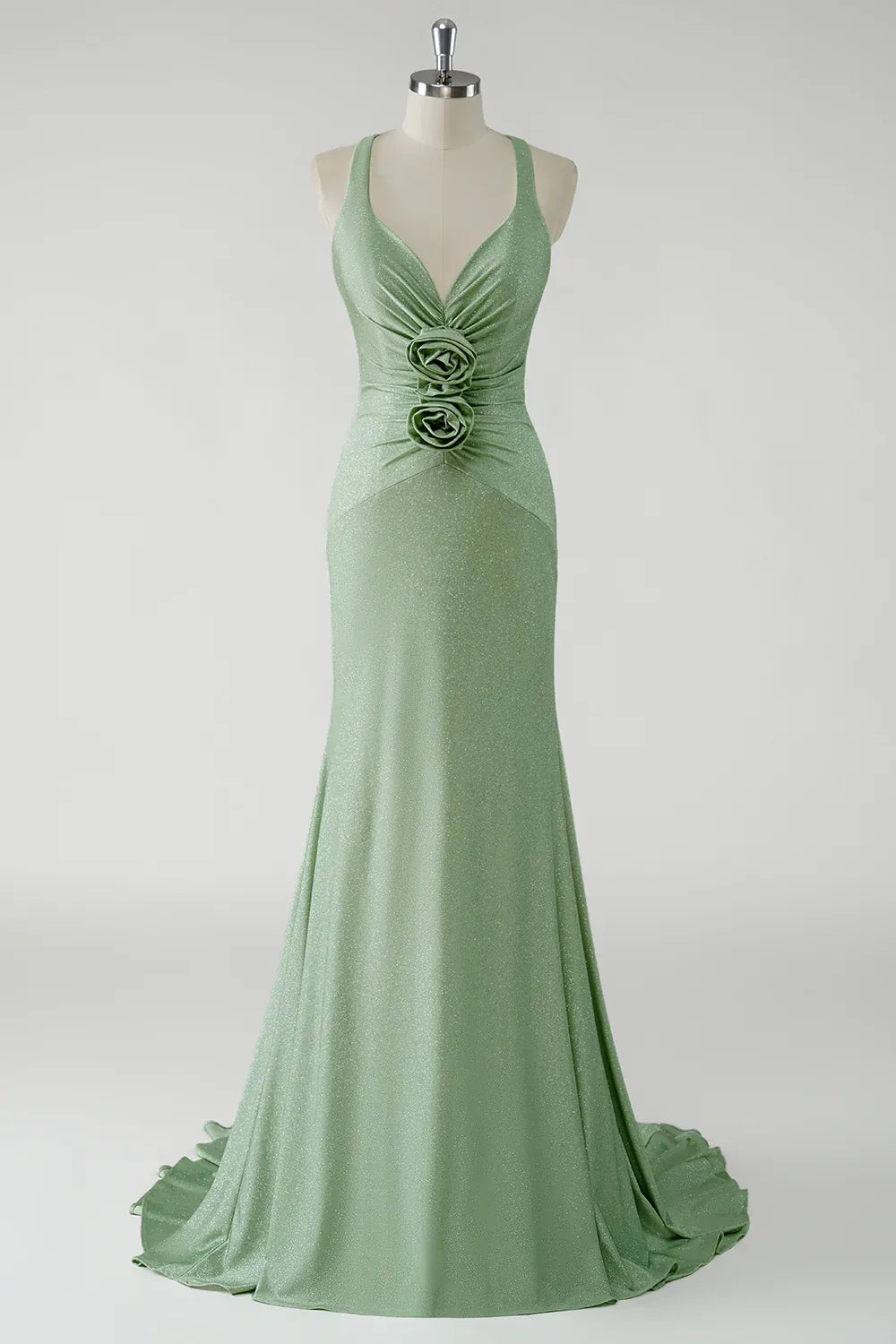 Mermaid V Neck Ruched 3D Floral Glitter Sage Green Maxi Prom Dress