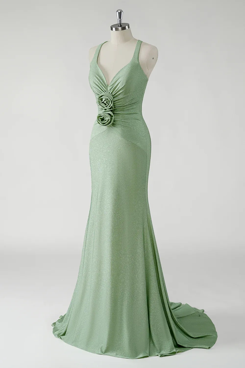 Mermaid V Neck Ruched 3D Floral Glitter Sage Green Maxi Prom Dress