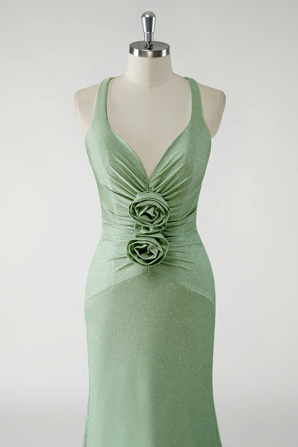 Mermaid V Neck Ruched 3D Floral Glitter Sage Green Maxi Prom Dress