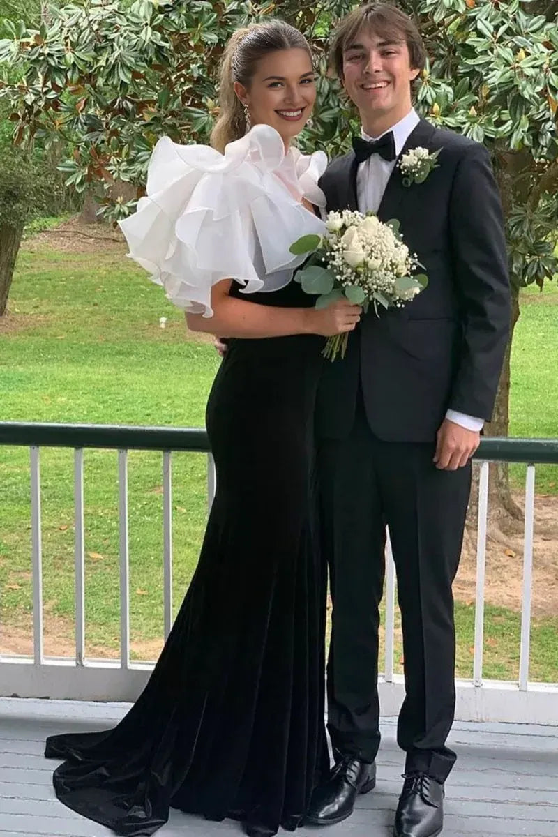 Mermaid V Neck Ruffle Organza Velvet Black Prom Dress With Slit