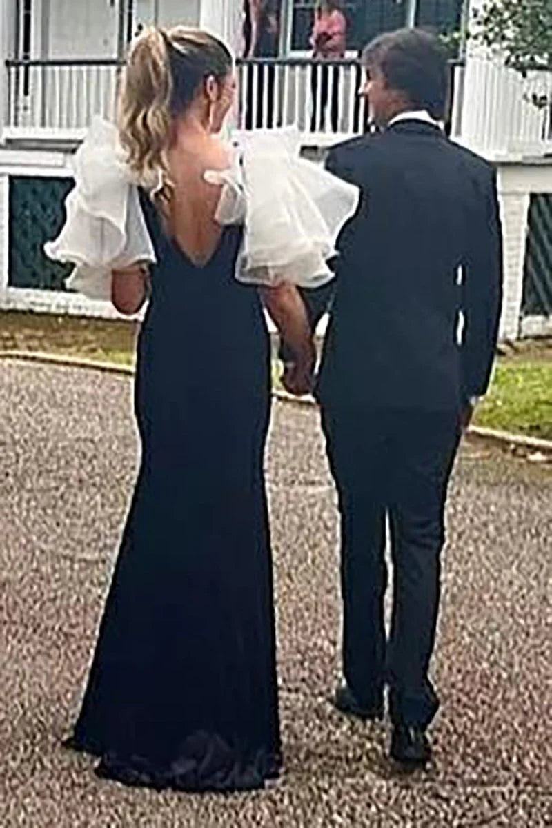 Mermaid V Neck Ruffle Organza Velvet Black Prom Dress With Slit