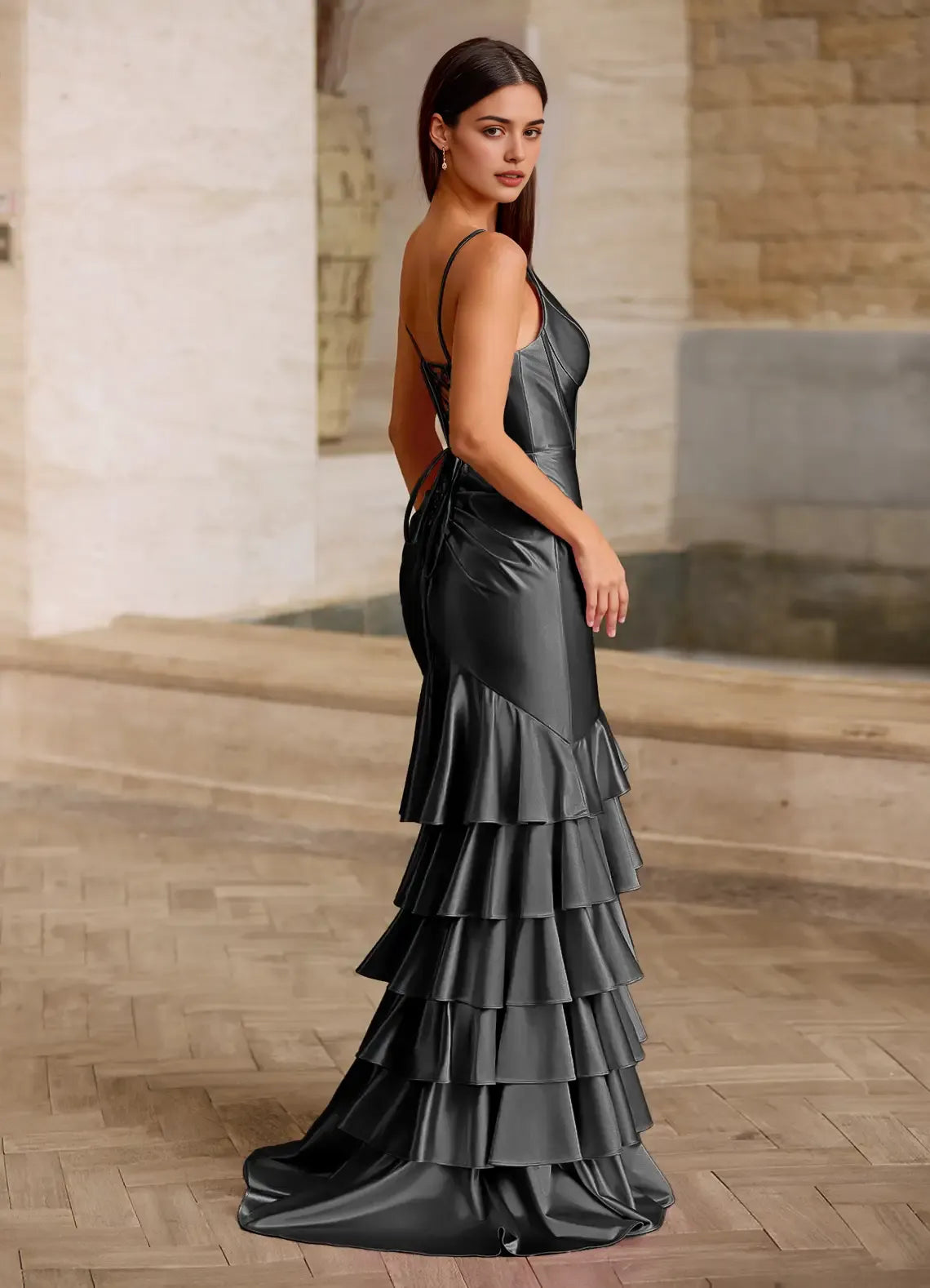 Mermaid V Neck Ruffled Tiered Satin Black Floor Length Prom Dress