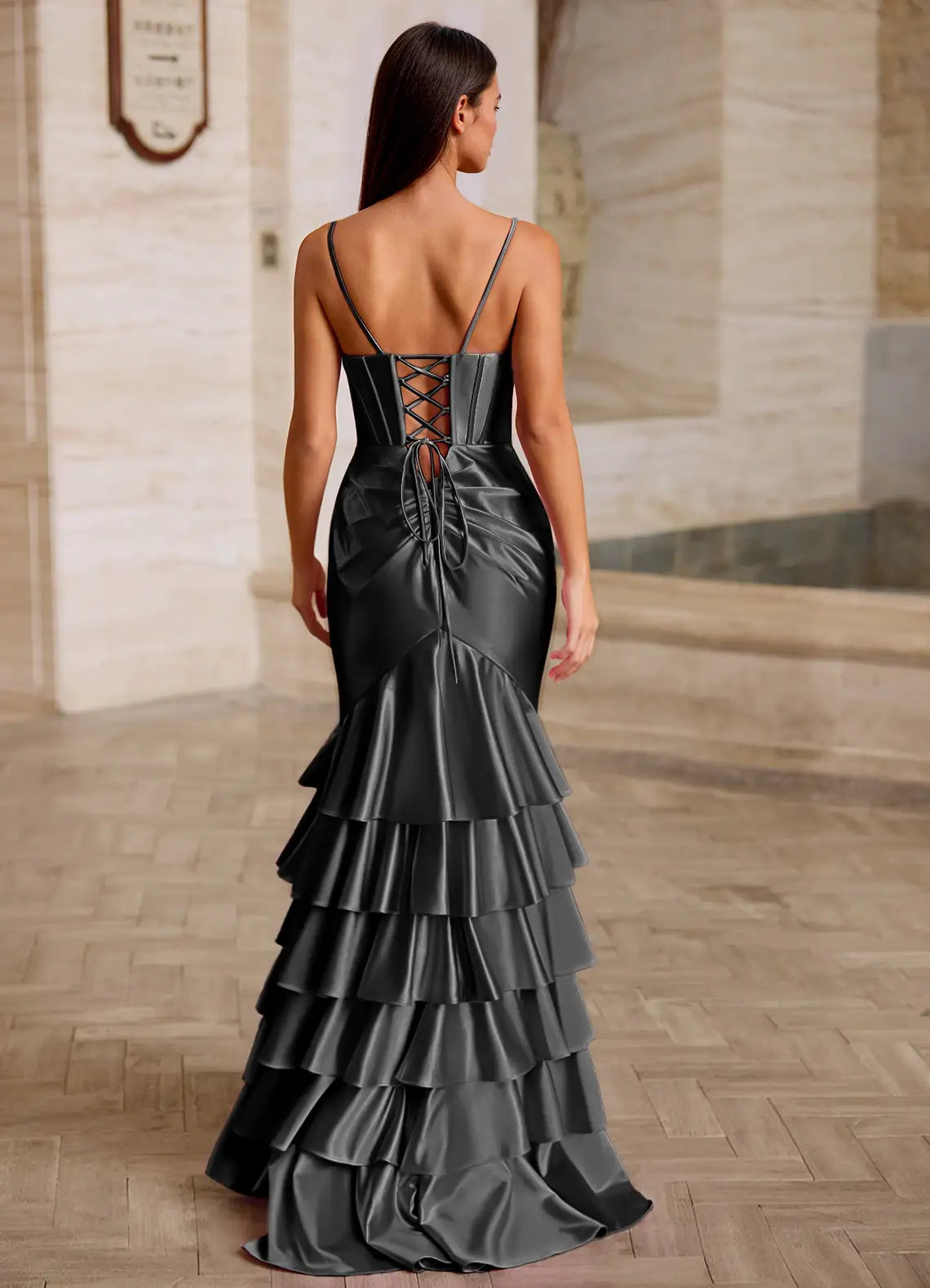 Mermaid V Neck Ruffled Tiered Satin Black Floor Length Prom Dress