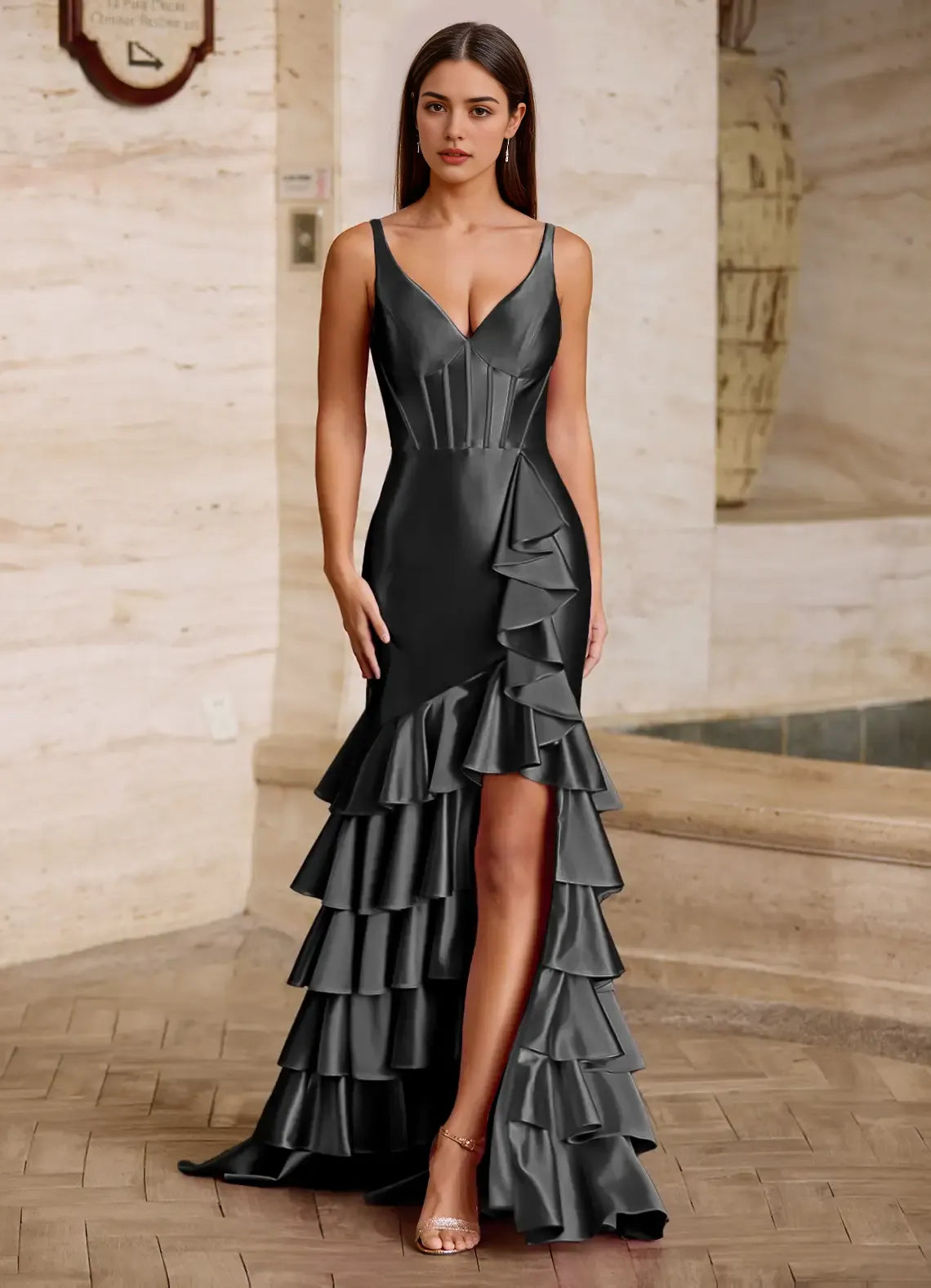 Mermaid V Neck Ruffled Tiered Satin Black Floor Length Prom Dress