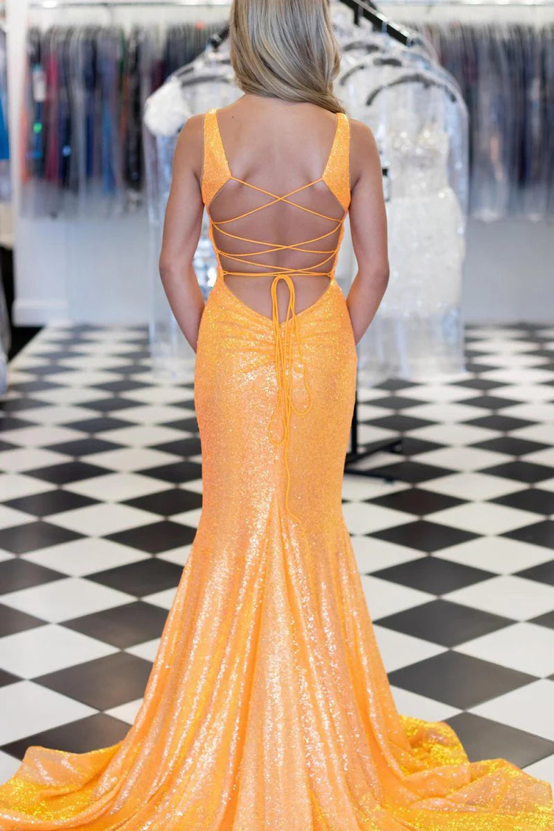 Mermaid V Neck Sequins Orange Train Evening Dress With Lace Up Back