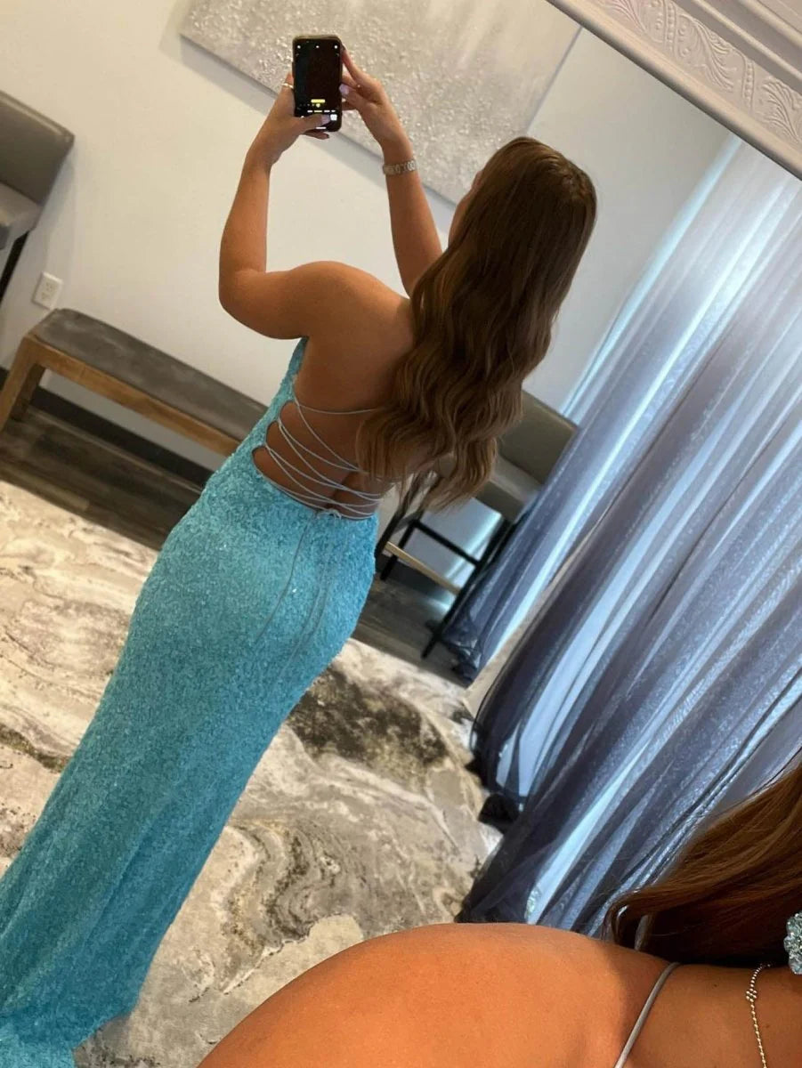 Mermaid V Neck Sequins Sky Blue Floor Length Evening Dress With Slit