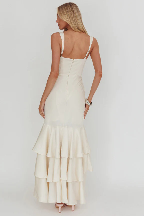 Mermaid V Neck Sleeveless Layered Hem Cream Maxi Prom Dress