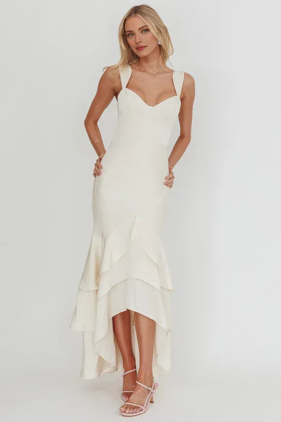 Mermaid V Neck Sleeveless Layered Hem Cream Maxi Prom Dress