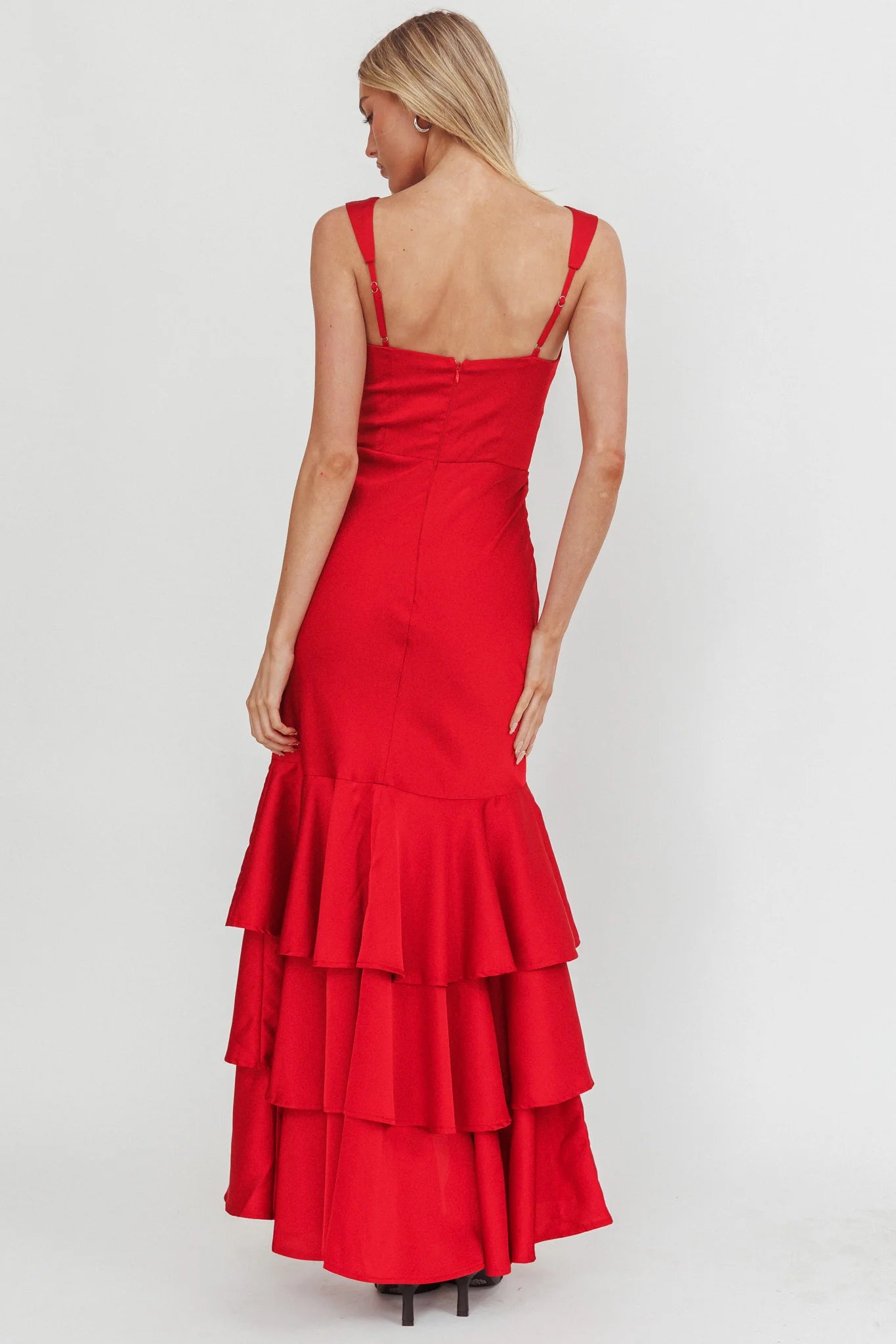 Mermaid V Neck Sleeveless Layered Hem Red Maxi Evening Dress Prom Dress