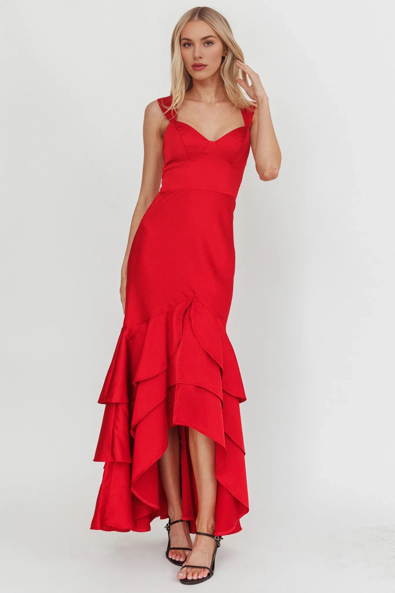 Mermaid V Neck Sleeveless Layered Hem Red Maxi Evening Dress Prom Dress